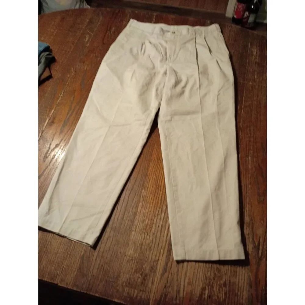 34x29 Savane Cream Tan Khaki Cotton Pleated Pants Trousers w Pockets Belt Loops